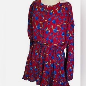 Free People Boho Dress Brown with Blue Flowers Cinched Waist Short Oversized